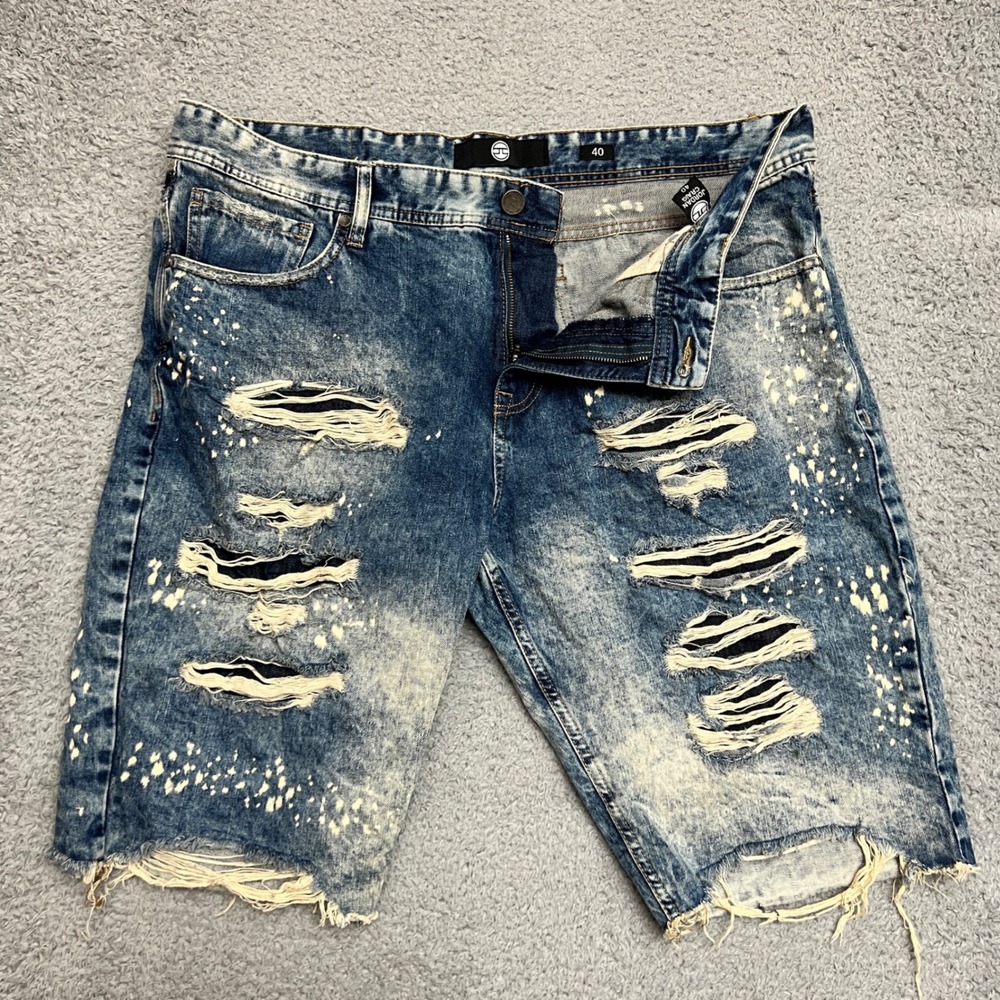 Jordan Craig Jeans Shorts Mens 40 Blue Distressed Denim Bleach Splatter Ripped - Picture 3 of 10